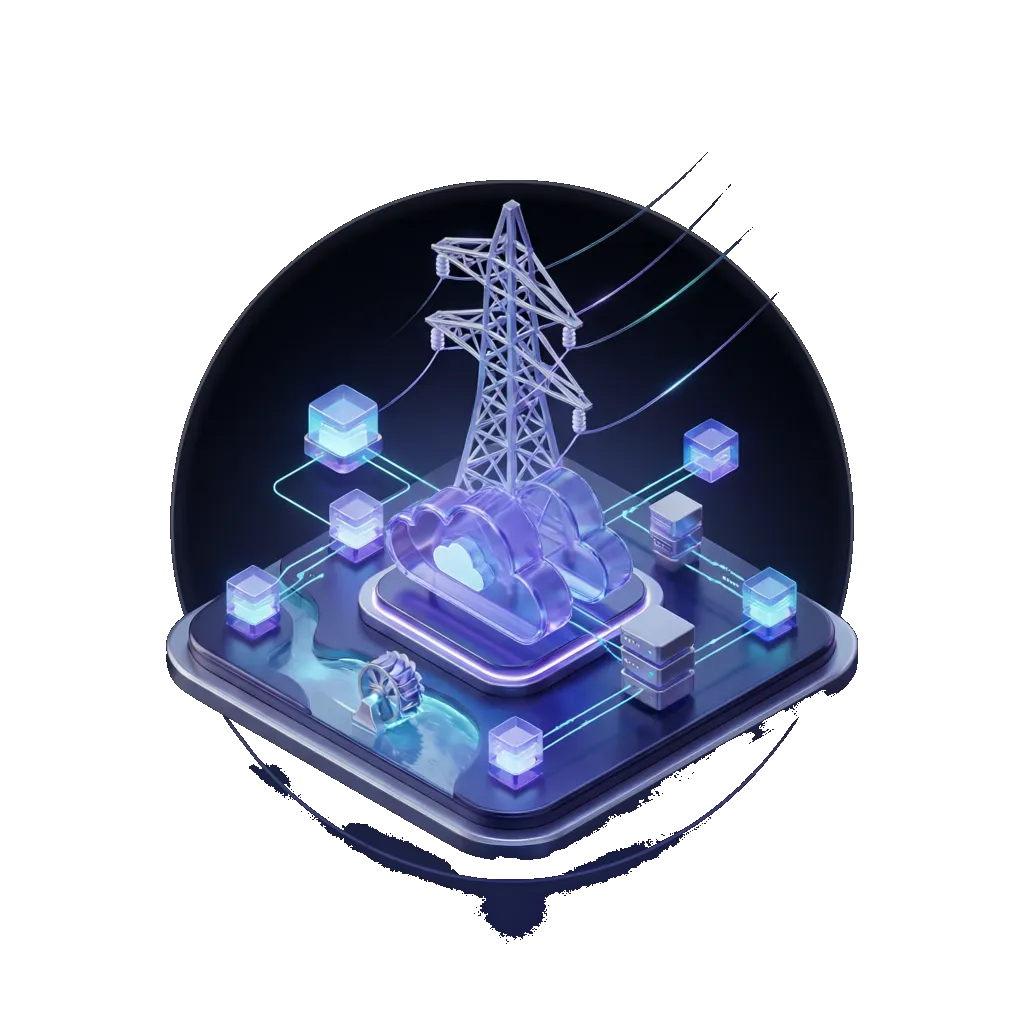 Glowing emblem of an electricity transmission tower merged with a cloud platform, server and container nodes and a small hydropower turbine, encircled by a ring symbolizing edge cloud and data center collaboration