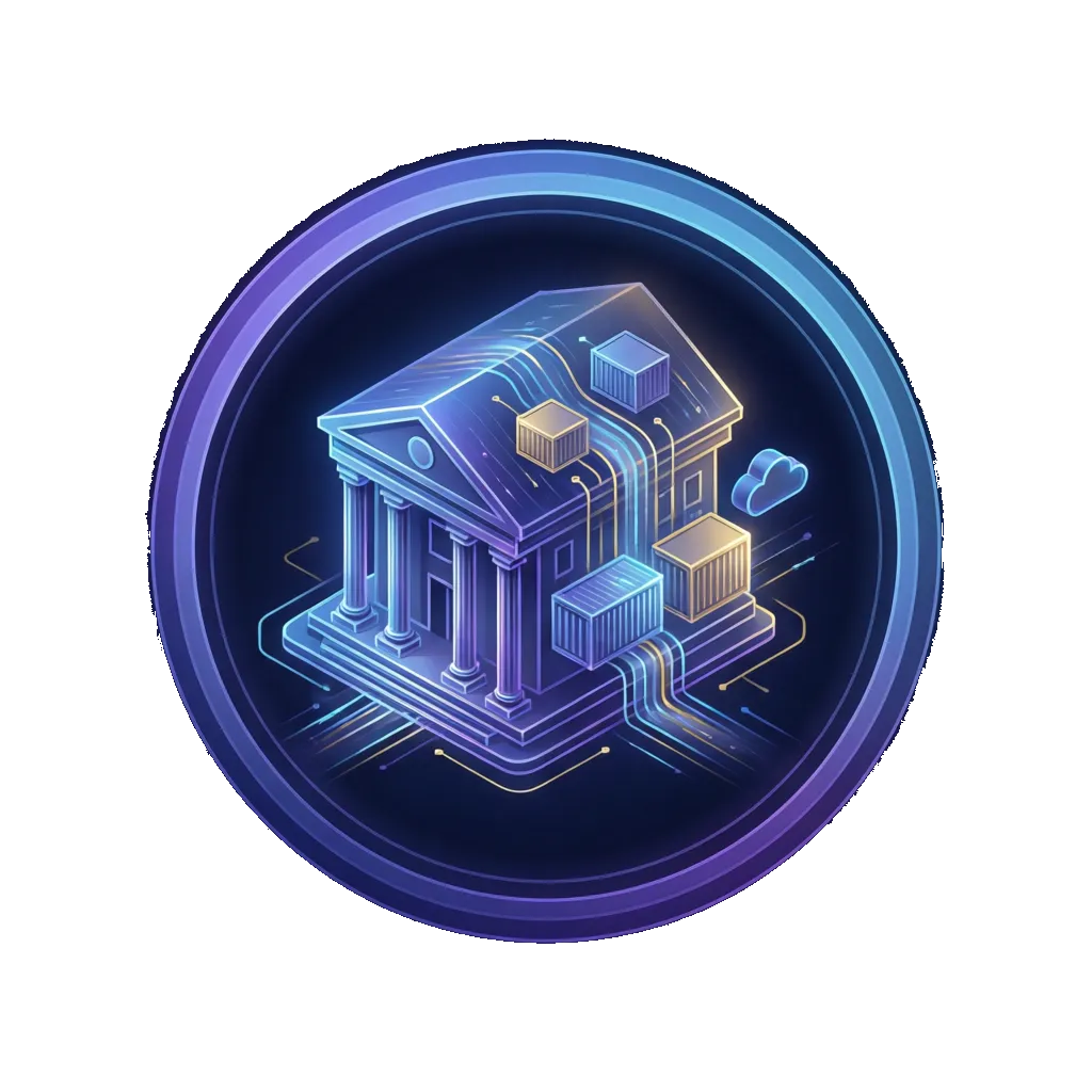 Glowing emblem of a bank building merged with cloud-native containers and data flows, encircled by a ring symbolizing an autonomous and controllable technology stack