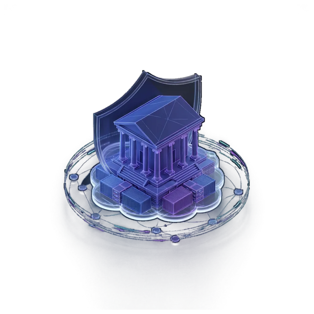 Government cloud illustration: a civic building with a shield on a cloud platform of server and container blocks