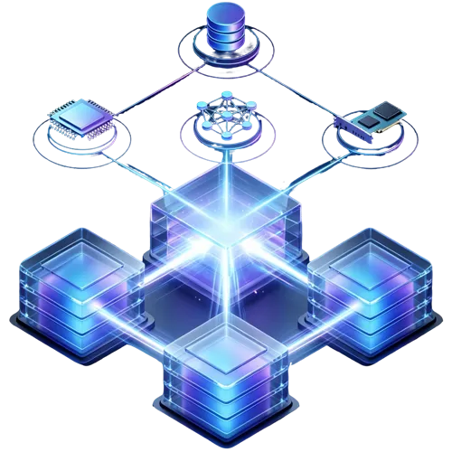 Isometric illustration of a hyperconverged infrastructure platform: three glowing server nodes unified into a single cube with orbiting storage, compute, network and AI accelerator icons