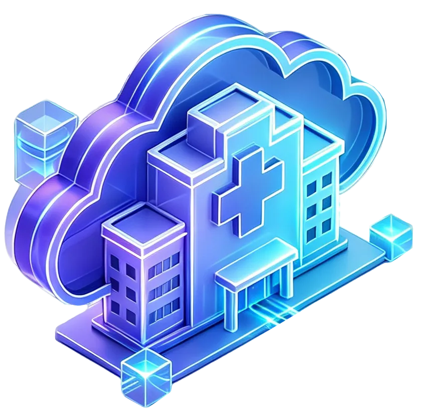 Glowing isometric emblem of a hospital building with a medical cross merged with cloud-native containers and data flows, encircled by a ring symbolizing an open cloud platform