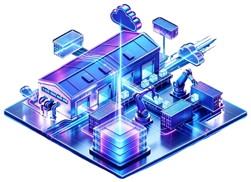 Glowing isometric emblem of a smart factory with robotic arms and cloud-native containers merged with data flows, encircled by a ring symbolizing an open cloud platform