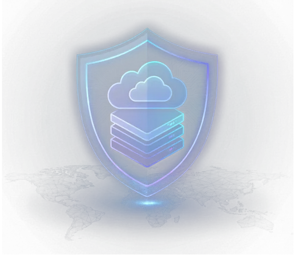 Illustration of a cloud backup platform: a glowing shield protecting servers, databases and a cloud, wrapped in a circular backup-and-restore loop with lock icons