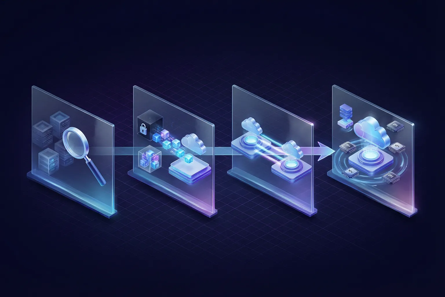 Illustration of a four-stage migration journey from a locked proprietary cube through assessment, block-level migration and parallel run to a single open cloud platform